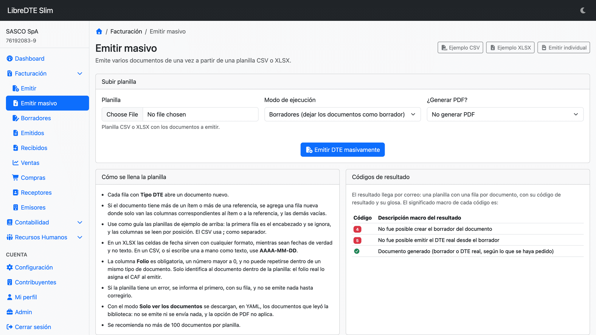 Emisión masiva de documentos desde una planilla
